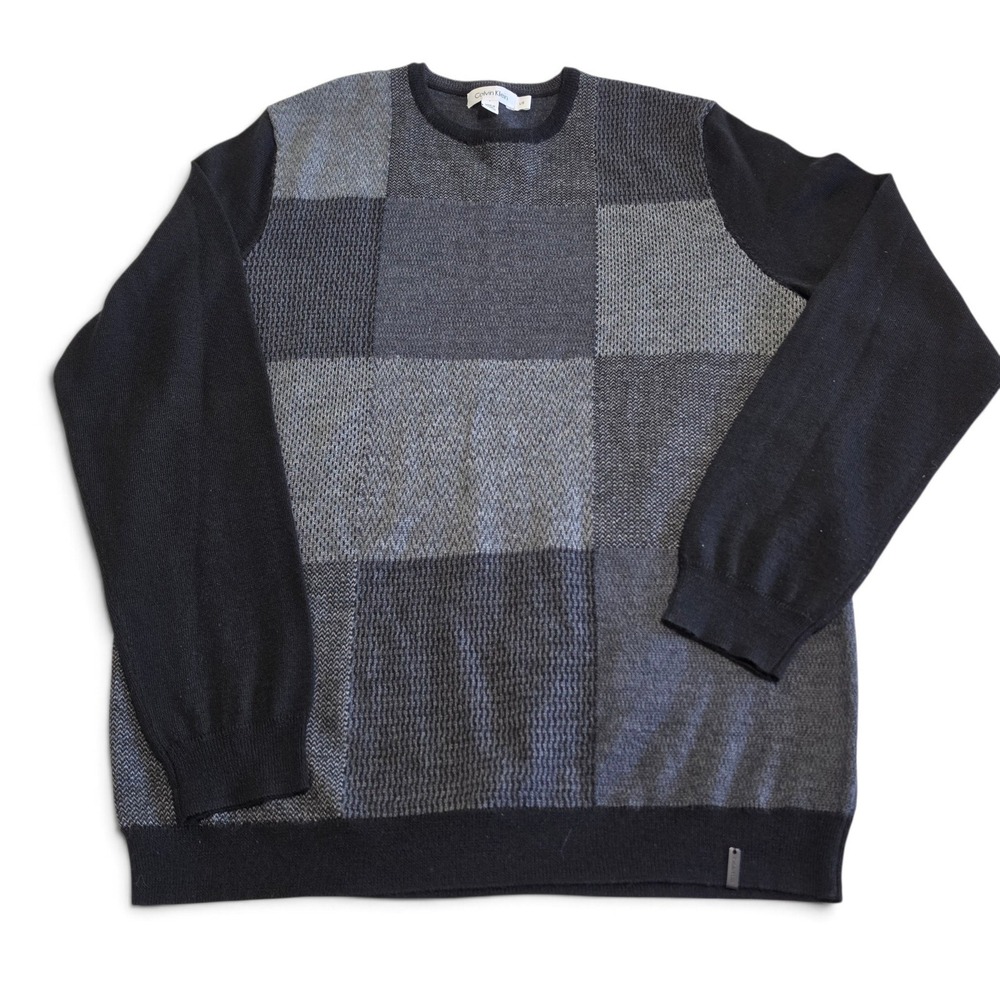 Calvin Klein Merino Wool Colorblock Crewneck Sweater Men's L Grey Black